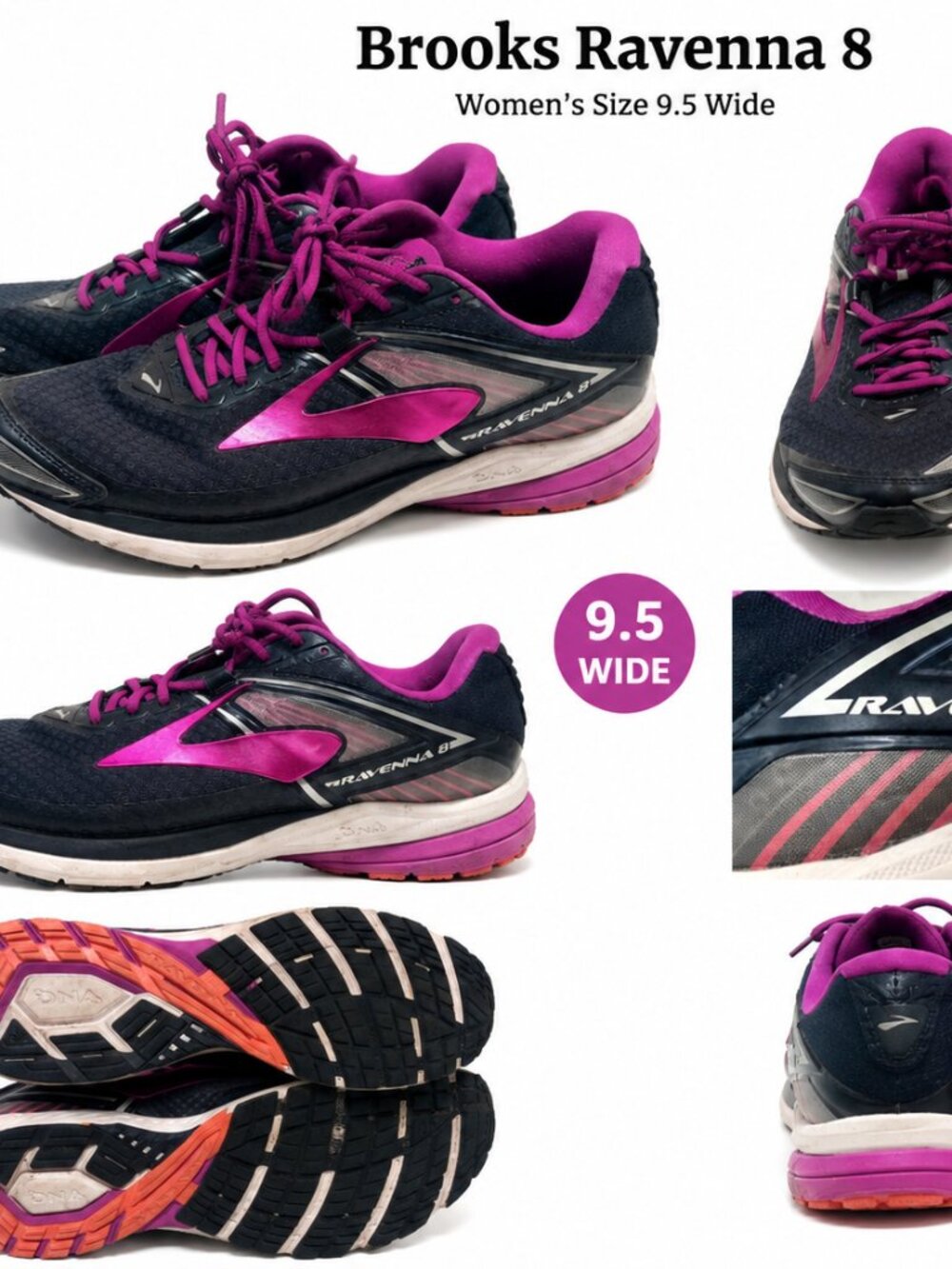 Brooks Ravenna 8 Women’s 9.5 Wide Running Shoes Navy Purple Stability Sneakers